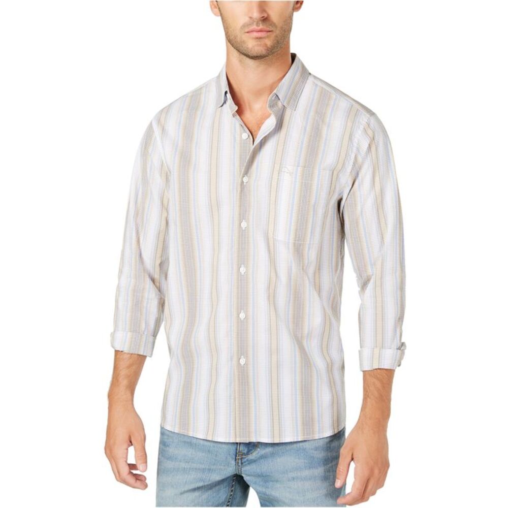 Tommy Bahama Mens Uvita Striped Button Up Shirt, Brown, S Neck, DM